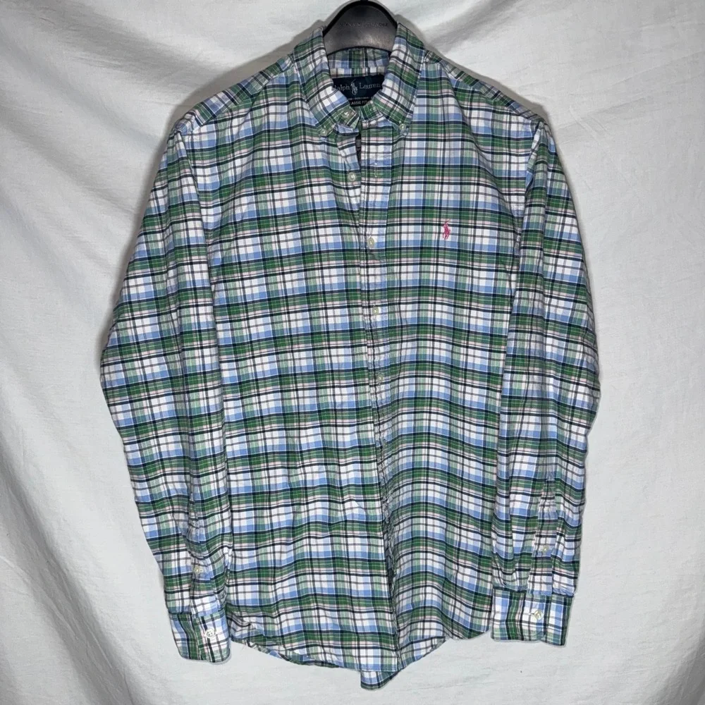 Vintage Polo Ralph Lauren Mens Classic Fit Plaid Button Down Shirt Green Blue M